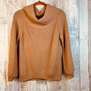 Fashion Medium Tan Brown Color Long Balloon Sleeve Turtleneck Ribbed Swe…